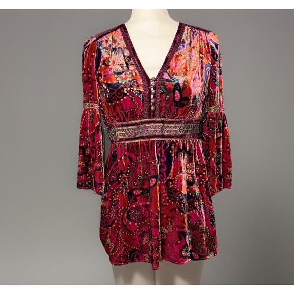 Boho Velvet Babydoll Medium Top Burgundy Gold Trumpet 3/4 Sleeve V-Neck Festival - Picture 1 of 7
